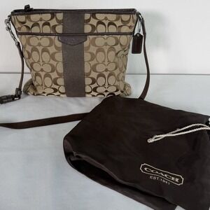 Coach Shoulder Bag F28502 Signature Stripe Brown Canvas Leather Crossbody Y2K